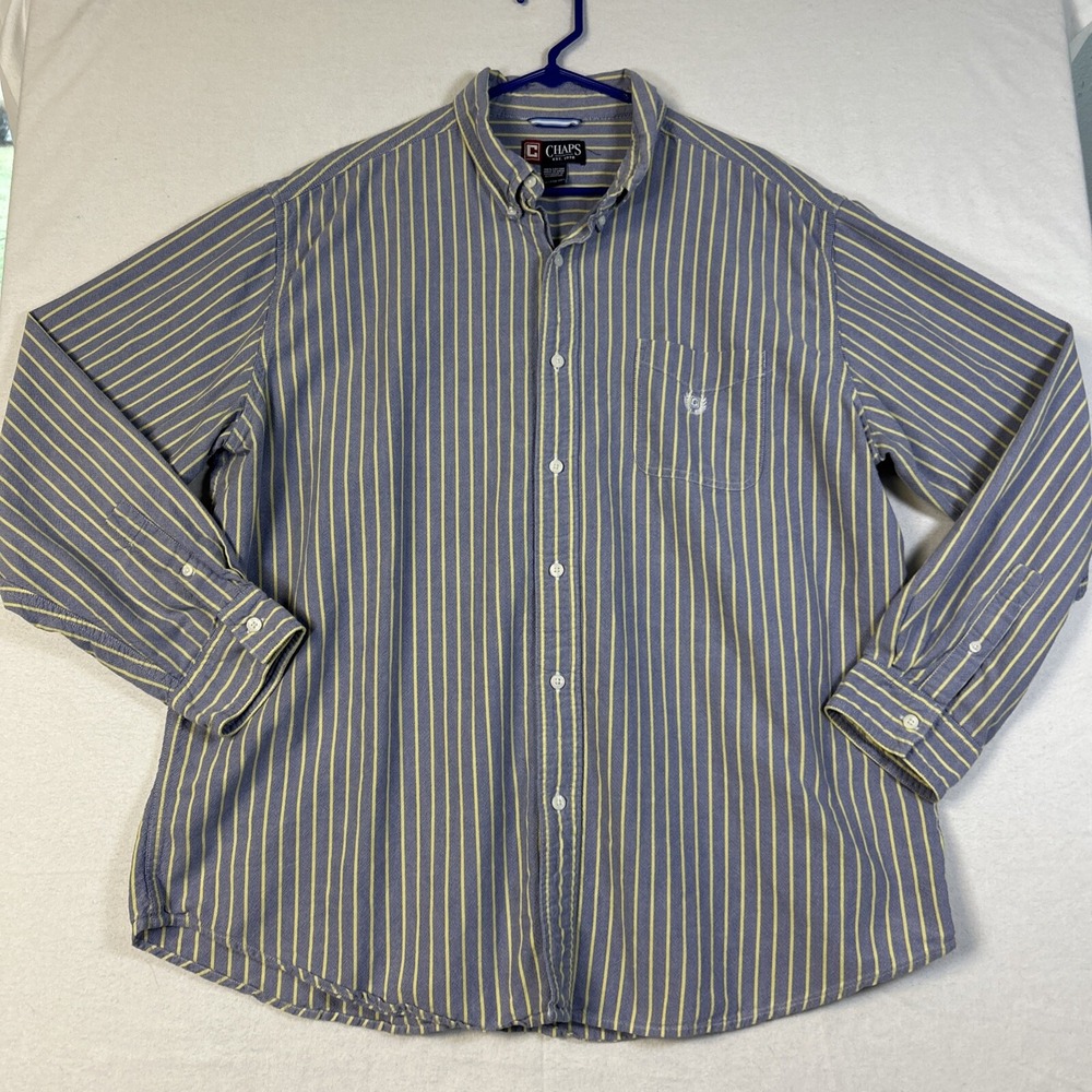Chaps Mens XXL Long Sleeve Button Down Shirt Blue Yellow Striped Casual Woven